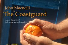 Poster image for the Play "The Coastguard" a man's hands cradle an orange in front of a blue door panel